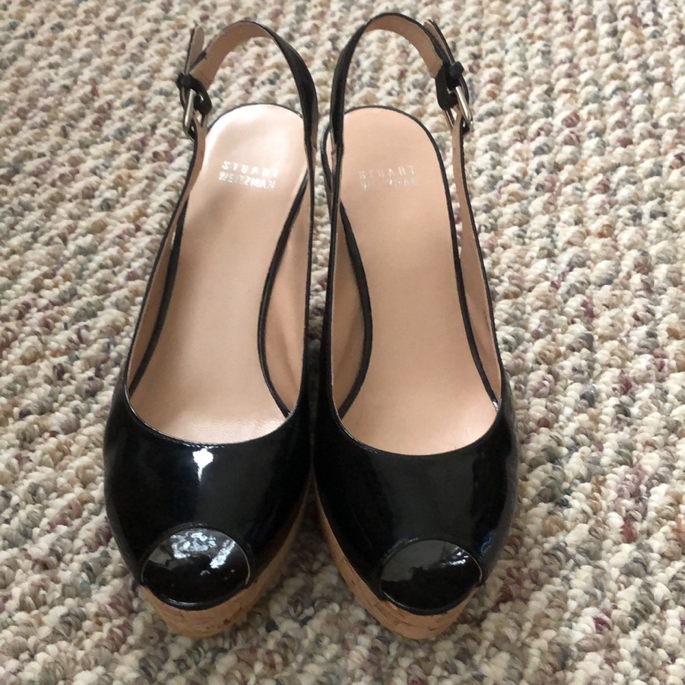 Stuart Weitzman Patent Leather Cork Wedge Sandals